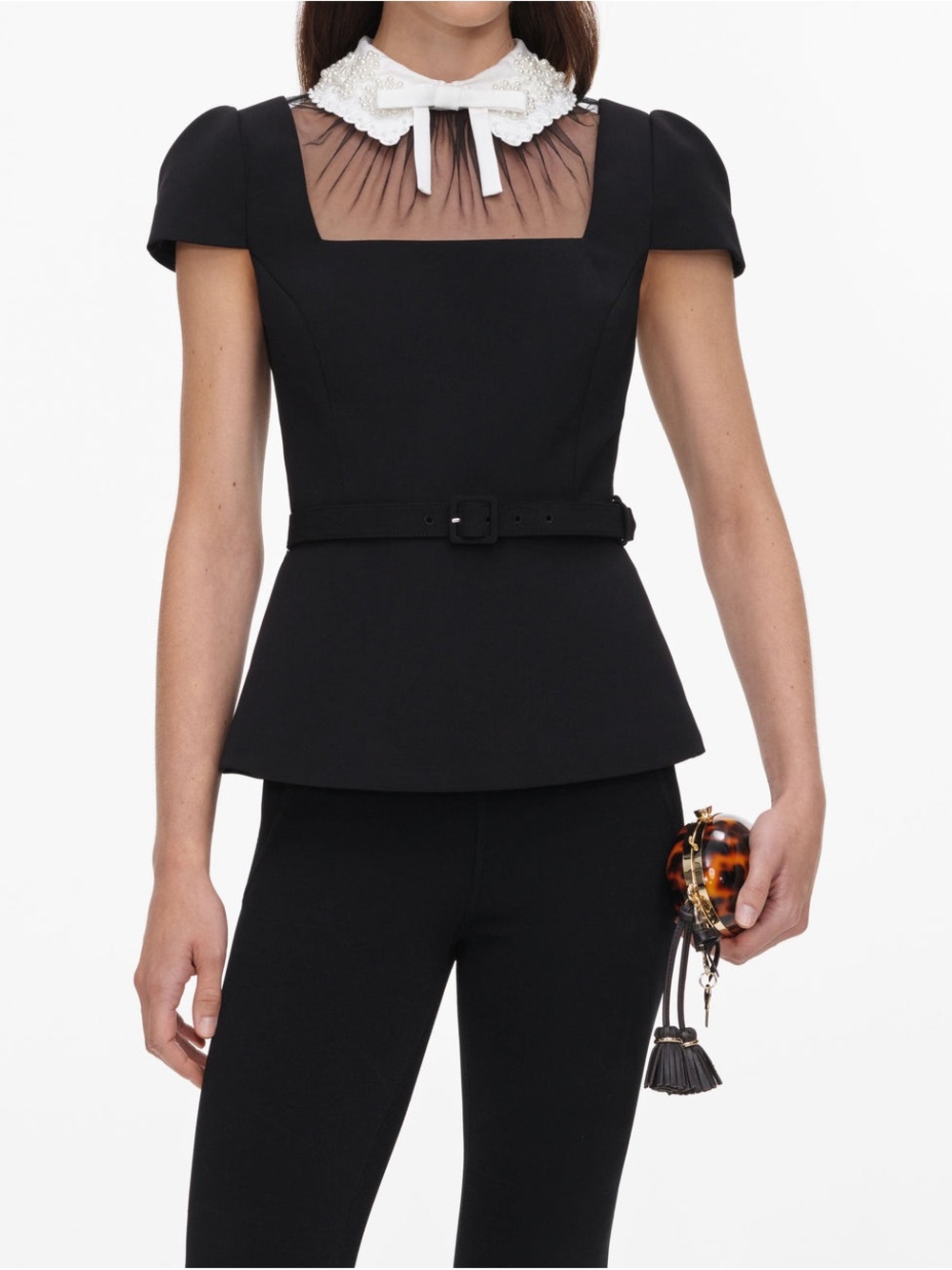 Self-Portrait BLACK CREPE BOW COLLAR TOP